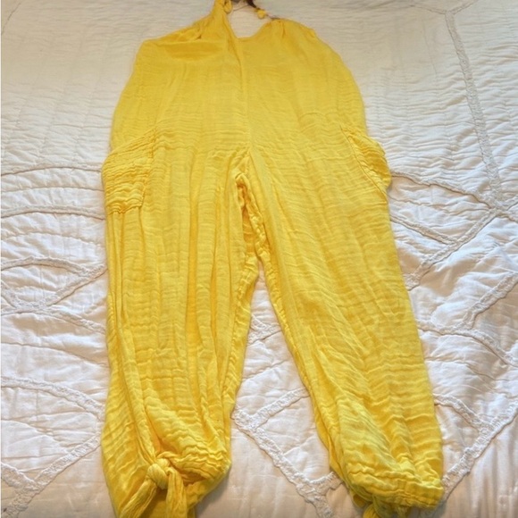 Free People Knot it Up Primrose Yellow Gauze Jumpsuit 💛 Medium Oversized - Picture 8 of 13